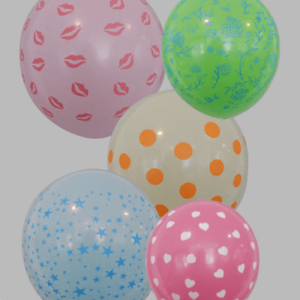 Ballon no. 12 assorti kleuren met sterren, harten, bloemen, lippen en stippen